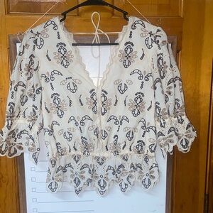 Anthropologie Cream Blouse with Black Pattern